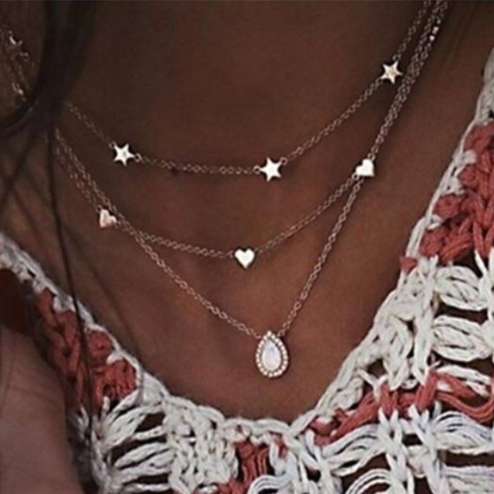Dainty Multi Layer Heart & Star Crystal Necklace
